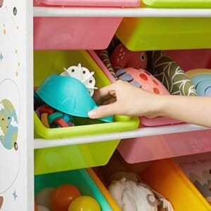 Songmics legetøjshylde, legetøjsarrangør, børnehylde med 16 aftagelige PP -plastkasser, til børnehave, legerum, skole, gul, lysegrøn, lyserød og samar grøn GKR070W01 - Image 5