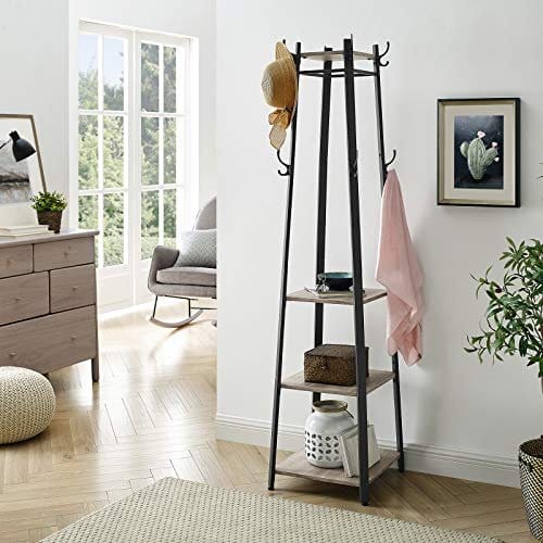 Vasagle Coat Rack, frakke står med 3 hylder, stige hylde med kroge til tørklæder, greige og sort 4 Vasagle Coat Rack, frakke står med 3 hylder, stige hylde med kroge til tørklæder, greige og sort - Billede 4