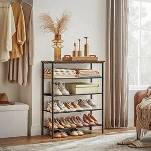 Vasagle Shoe Rack 5 -niveau, skoopbevaringsarrangør smal, stålramme, brun og sort - Image 2