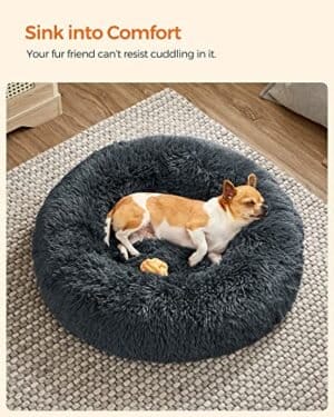 Hundeseng Donut Katteseng Fluffy Beroligende Kæledyrsseng med Aftageligt Vaskbart Betræk Blødt Langt Plys 60 Cm Mørkegrå - Image 3