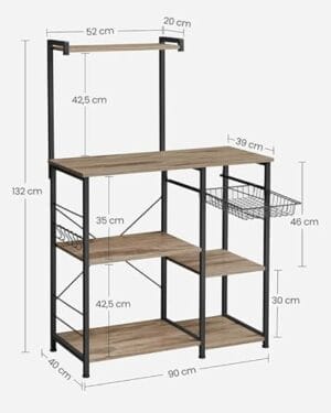 Vasagle køkkenhylde, stående hylde med metalkurv, Baker's rack med 6 S-Hooks og hylder, mikrobølgehylde, krydderi rack, til gryder og pander, industriel design, eg brun/sort KKS035B50 - Image 6