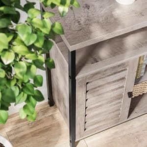 Vasagle gulvstående skab, køkkenopbevaringsskab med skab og hylder, louvred døre, til spisestue, stue, hallway, soveværelse, greige og sort LSC079B02 - Image 6