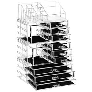 Songmics 4 i 1 XXL Makeup Organizer, Makeup Box med 11 skuffer og 15 rum i forskellige størrelser, skridsikre puder, til kosmetik og smykker, gennemsigtig JKA017TP
