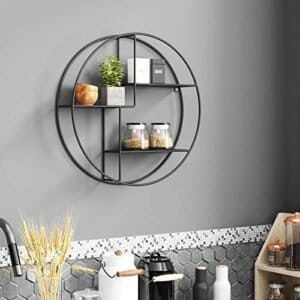 Songmics Industrial Metal Wall hylde, rund flydende hylde med 3 metalnetpaneler, med 2 skruer, 55 dia. X 12 cm, til stue, kontor, køkken, dekoration, sort LFS01BK - Image 2