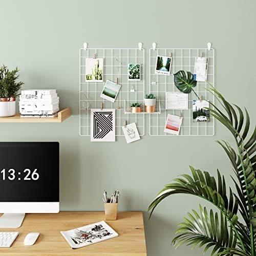 Songmics Grid Panels, Photo Wall Display, Metal Mesh Wall Decor, DIY, Hanging Picture Wall, S Hook, Clip, Hamp Cord, Sæt på 2, White LPP01W 2 Songmics Grid Panels, Photo Wall Display, Metal Mesh Wall Decor, DIY, Hanging Picture Wall, S Hook, Clip, Hamp Cord, Sæt på 2, White LPP01W - Billede 2