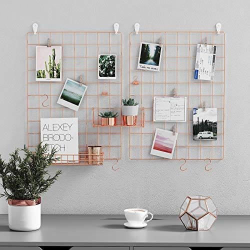 Songmics Grid Panels, Photo Wall Display, Metal Mesh Wall Decor, DIY, Hanging Picture Wall, S Hook, Clip, Hamp Cord, Sæt med 2, Rose Gold LPP01DR 3 Songmics Grid Panels, Photo Wall Display, Metal Mesh Wall Decor, DIY, Hanging Picture Wall, S Hook, Clip, Hamp Cord, Sæt med 2, Rose Gold LPP01DR - Billede 3