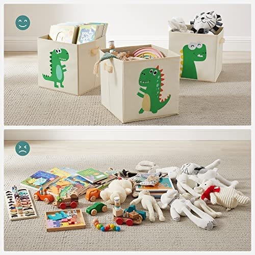 Songmics opbevaringsbokse, sæt med 3, opbevaringskurve, legetøjsopbevaring, stofbokse, 30 x 30 x 30 cm, sammenfoldelig, med håndtag, soveværelse, legerum, dinosaurier, beige RFB704W03 4 Songmics opbevaringsbokse, sæt med 3, opbevaringskurve, legetøjsopbevaring, stofbokse, 30 x 30 x 30 cm, sammenfoldelig, med håndtag, soveværelse, legerum, dinosaurier, beige RFB704W03 - Billede 4