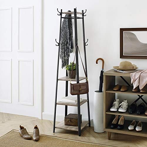 Vasagle Coat Rack, frakke står med 3 hylder, stige hylde med kroge til tørklæder, greige og sort 2 Vasagle Coat Rack, frakke står med 3 hylder, stige hylde med kroge til tørklæder, greige og sort - Billede 2