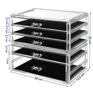 Songmics Makeup Organizer, 2-delt opbevaringsbokse til smykker og kosmetik, Stackable, med 5 skuffer, gennemsigtige polystyren JMU32TP - Image 6