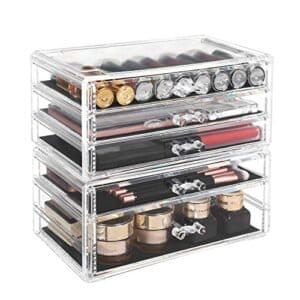 Songmics Makeup Organizer, 2-delt opbevaringsbokse til smykker og kosmetik, Stackable, med 5 skuffer, gennemsigtige polystyren JMU32TP - Image 3