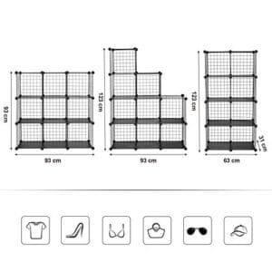 Songmics 9-kub metaltrådopbevaringsstativ, sammenlåsning af hylder med metaltrådhylder, PP-plastikark til bogsko Toys tøjværktøjer, i stuen, 93 x 31 x 93 cm, sort LPI115h - Image 4