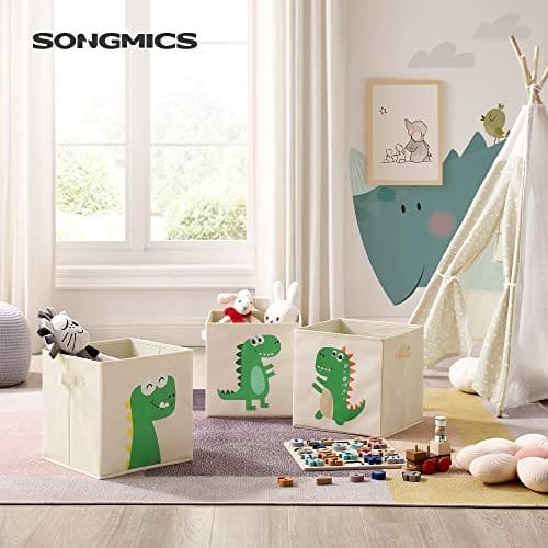 Songmics opbevaringsbokse, sæt med 3, opbevaringskurve, legetøjsopbevaring, stofbokse, 30 x 30 x 30 cm, sammenfoldelig, med håndtag, soveværelse, legerum, dinosaurier, beige RFB704W03 2 Songmics opbevaringsbokse, sæt med 3, opbevaringskurve, legetøjsopbevaring, stofbokse, 30 x 30 x 30 cm, sammenfoldelig, med håndtag, soveværelse, legerum, dinosaurier, beige RFB704W03 - Billede 2