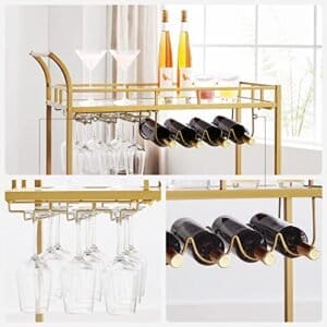 Serveringsvogn Trolley Glasholder 2 Spejlglashylder Bar Trolley Vinvogn Køkken Spisestue Bar Guld - Image 5