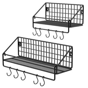 Songmics Industrial Metal Wall hylder, hver belastes op til 15 kg, pakke med 2 køkkenhylder med 10 kroge til soveværelse, 30 x 12 x 13 cm, 40 x 12 x 13 cm, sort LFS02BK