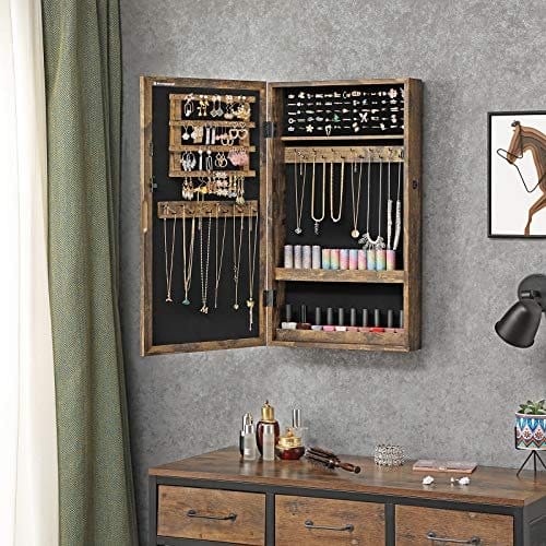 Songmics vægmonteret smykkeskab, låsbar smykker armoire med spejl, rumbesparende smykkerarrangør, rustik brun JJC051K01 5 Songmics vægmonteret smykkeskab, låsbar smykker armoire med spejl, rumbesparende smykkerarrangør, rustik brun JJC051K01 - Billede 5