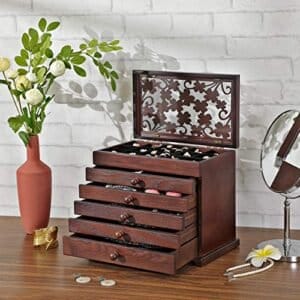 Songmics Wooden Jewellery Box med blomsterudskæring, 6-lags smykkearrangør med 5 aftagelige udtrækkelige skuffer, gave til kære, mørkebrun JBC56W - Image 2