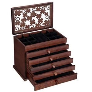 Songmics Wooden Jewellery Box med blomsterudskæring, 6-lags smykkearrangør med 5 aftagelige udtrækkelige skuffer, gave til kære, mørkebrun JBC56W