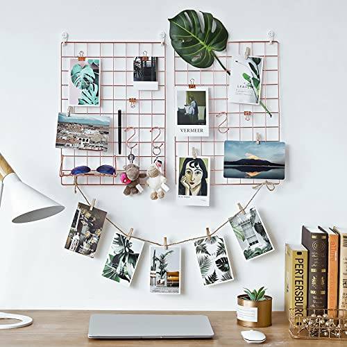 Songmics Grid Panels, Photo Wall Display, Metal Mesh Wall Decor, DIY, Hanging Picture Wall, S Hook, Clip, Hamp Cord, Sæt med 2, Rose Gold LPP01DR 2 Songmics Grid Panels, Photo Wall Display, Metal Mesh Wall Decor, DIY, Hanging Picture Wall, S Hook, Clip, Hamp Cord, Sæt med 2, Rose Gold LPP01DR - Billede 2