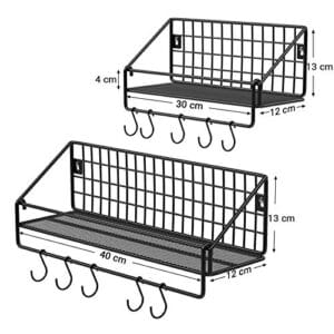 Songmics Industrial Metal Wall hylder, hver belastes op til 15 kg, pakke med 2 køkkenhylder med 10 kroge til soveværelse, 30 x 12 x 13 cm, 40 x 12 x 13 cm, sort LFS02BK - Image 5