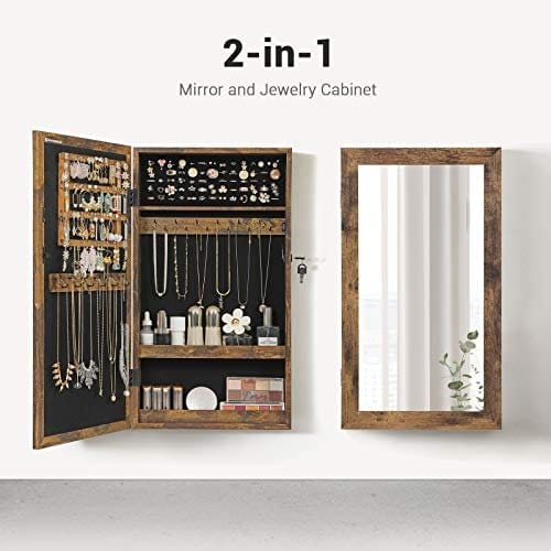 Songmics vægmonteret smykkeskab, låsbar smykker armoire med spejl, rumbesparende smykkerarrangør, rustik brun JJC051K01 2 Songmics vægmonteret smykkeskab, låsbar smykker armoire med spejl, rumbesparende smykkerarrangør, rustik brun JJC051K01 - Billede 2