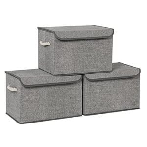 Songmics opbevaringsbokse med låg, sæt med 3 stofopbevaringsbokse og arrangørbakker med bomuldshåndtag, linnedmønster, grå RFB013G02
