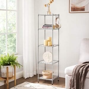 Songmics badeværelse hylde, metalopbevaringsstativ, total belastningskapacitet 100 kg, med 5 pp ark, aftagelige kroge, 30 x 30 x 123,5 cm, udvideligt design, til lille plads, sølv og gennemsigtig LGR023S01 - Image 7