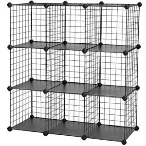 Songmics 9-kub metaltrådopbevaringsstativ, sammenlåsning af hylder med metaltrådhylder, PP-plastikark til bogsko Toys tøjværktøjer, i stuen, 93 x 31 x 93 cm, sort LPI115h