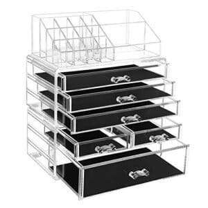 Songmics Stor klar akryl make -up arrangør, Stackable Cosmetic Box, med 6 skuffer, til paletbørste fundamenter læbestift neglelak hårnåle, god gave til kære JKA009TP