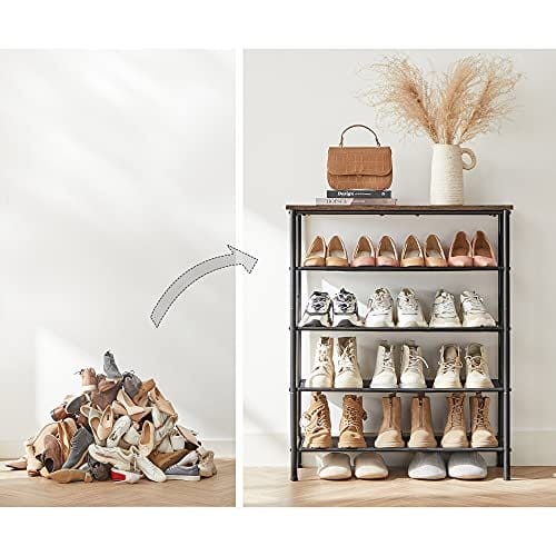 Vasagle Shoe Rack 5 -niveau, skoopbevaringsarrangør smal, stålramme, brun og sort 3 Vasagle Shoe Rack 5 -niveau, skoopbevaringsarrangør smal, stålramme, brun og sort - Billede 3
