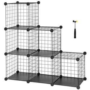 Songmics 6-kub metaltrådopbevaringsstativ, sammenlåsning af hylder med metaltrådhylder, PP-plastikark til bogsko Toys tøjværktøjer, i stuen, 93 x 31 x 93 cm, sort LPI111h