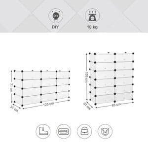 Songmics Interlocking Shoe Rack, rektangulær opbevaringsarrangør, 12-slot modulær DIY-opbevaringshylde, 40 x 30 x 17 cm for hver slot, metaltrådgarderobe, hvid LPC26W - Image 7