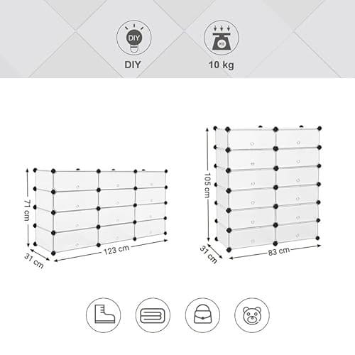 Songmics Interlocking Shoe Rack, rektangulær opbevaringsarrangør, 12-slot modulær DIY-opbevaringshylde, 40 x 30 x 17 cm for hver slot, metaltrådgarderobe, hvid LPC26W 7 Songmics Interlocking Shoe Rack, rektangulær opbevaringsarrangør, 12-slot modulær DIY-opbevaringshylde, 40 x 30 x 17 cm for hver slot, metaltrådgarderobe, hvid LPC26W - Billede 7