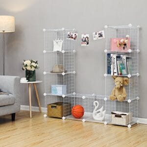 Songmics 12 terninger Wire Grid Storage Rack, sammenlåsning af hylder med metalnethylder og PP -plastikplader, til bøger sko legetøj tøjværktøjer, i stue badeværelse, hvid LPI34W - Image 4