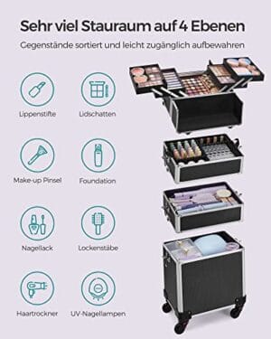 Songmics Makeup Case, 4-in-1 Travel Beauty Trolley, låsbar rullende makeup-sag, sort - Image 3