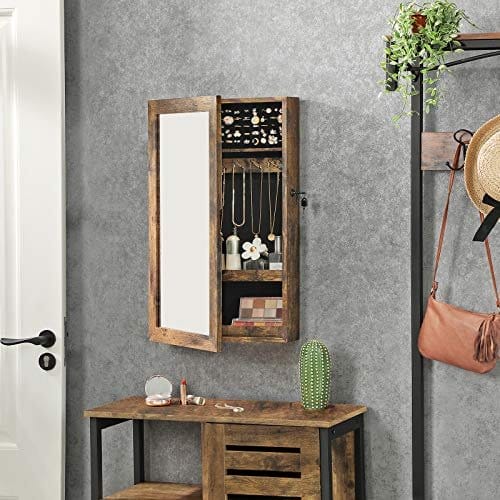 Songmics vægmonteret smykkeskab, låsbar smykker armoire med spejl, rumbesparende smykkerarrangør, rustik brun JJC051K01 4 Songmics vægmonteret smykkeskab, låsbar smykker armoire med spejl, rumbesparende smykkerarrangør, rustik brun JJC051K01 - Billede 4