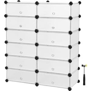Songmics Interlocking Shoe Rack, rektangulær opbevaringsarrangør, 12-slot modulær DIY-opbevaringshylde, 40 x 30 x 17 cm for hver slot, metaltrådgarderobe, hvid LPC26W