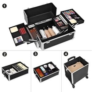 Songmics 4-i-1 Professional Makeup Case, Låsbar makeup-opbevaring med koder, sort - Image 4