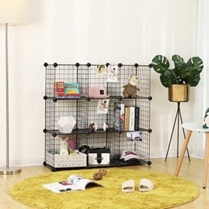 Songmics 9-kub metaltrådopbevaringsstativ, sammenlåsning af hylder med metaltrådhylder, PP-plastikark til bogsko Toys tøjværktøjer, i stuen, 93 x 31 x 93 cm, sort LPI115h - Image 2