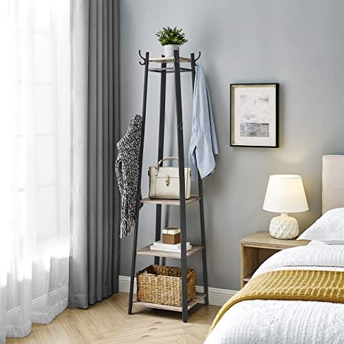 Vasagle Coat Rack, frakke står med 3 hylder, stige hylde med kroge til tørklæder, greige og sort 3 Vasagle Coat Rack, frakke står med 3 hylder, stige hylde med kroge til tørklæder, greige og sort - Billede 3