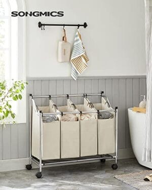 Songmics rullende vaskeri Sorter, vaskeri med 4 aftagelige poser, vaskeri hæmmer, vaskeri, til vaskerum, soveværelse, badeværelse, 4 x 35L, beige LSF005s - Image 2