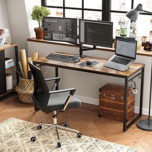 Vasagle Computer Desk, Writing Desk, Home Office Desk med 8 kroge, 140 x 60 x 75 cm, til undersøgelse og soveværelse, let samling, stål, industriel design, rustik brun og sort LWD59X 2 Vasagle Computer Desk, Writing Desk, Home Office Desk med 8 kroge, 140 x 60 x 75 cm, til undersøgelse og soveværelse, let samling, stål, industriel design, rustik brun og sort LWD59X - Billede 2