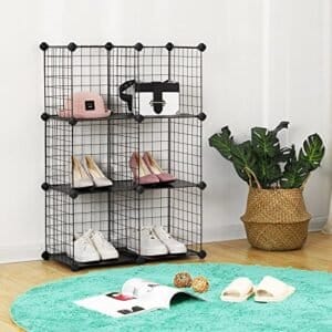 Songmics 6-kub metaltrådopbevaringsstativ, sammenlåsning af hylder med metaltrådhylder, PP-plastikark til bogsko Toys tøjværktøjer, i stuen, 93 x 31 x 93 cm, sort LPI111h - Image 7