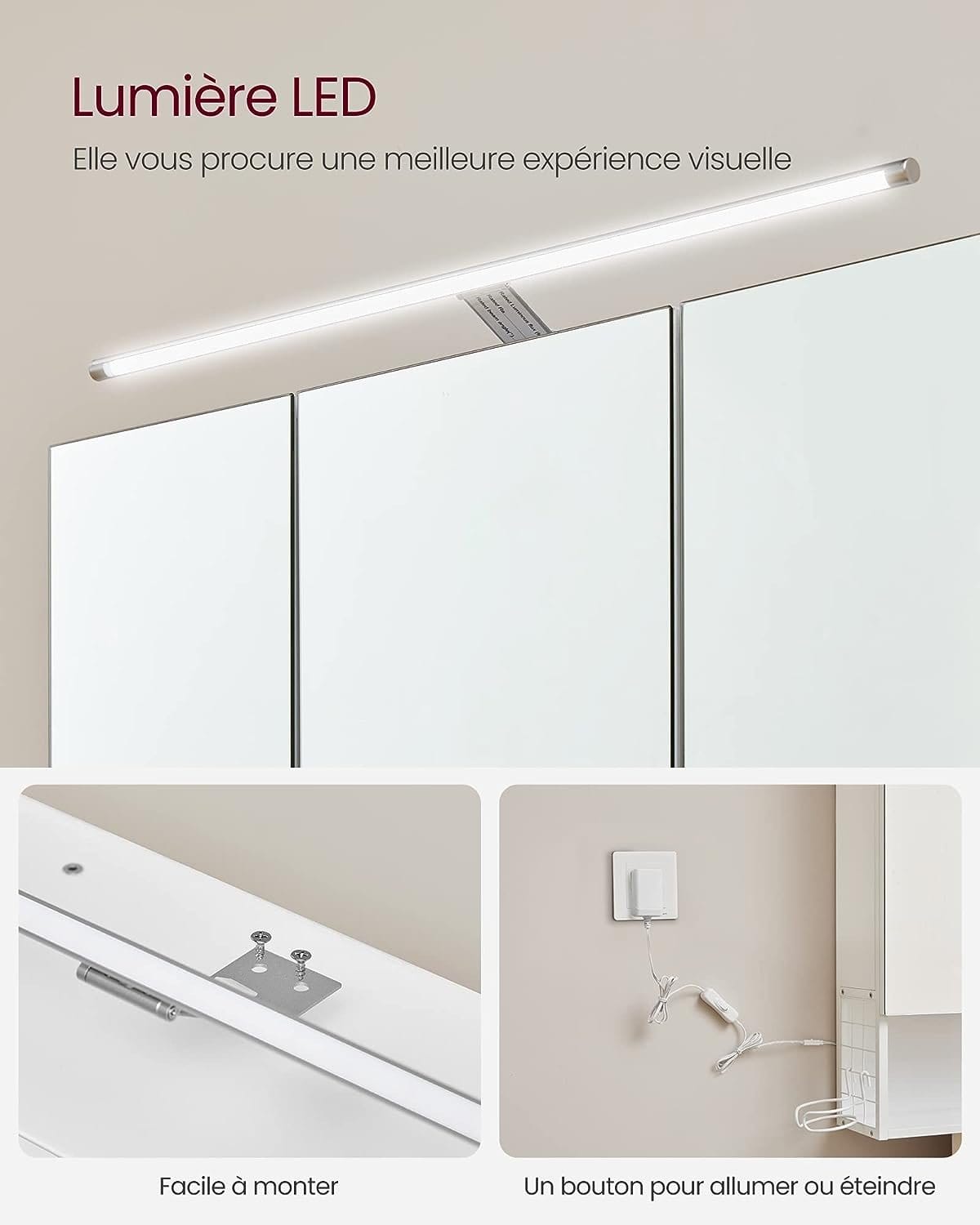 Vasagle vægskabet med spejl, badeværelsesskab med LED -lampe, med kabel, 3 -dørsskaber, hvid 4 Vasagle vægskabet med spejl, badeværelsesskab med LED -lampe, med kabel, 3 -dørsskaber, hvid - Billede 4