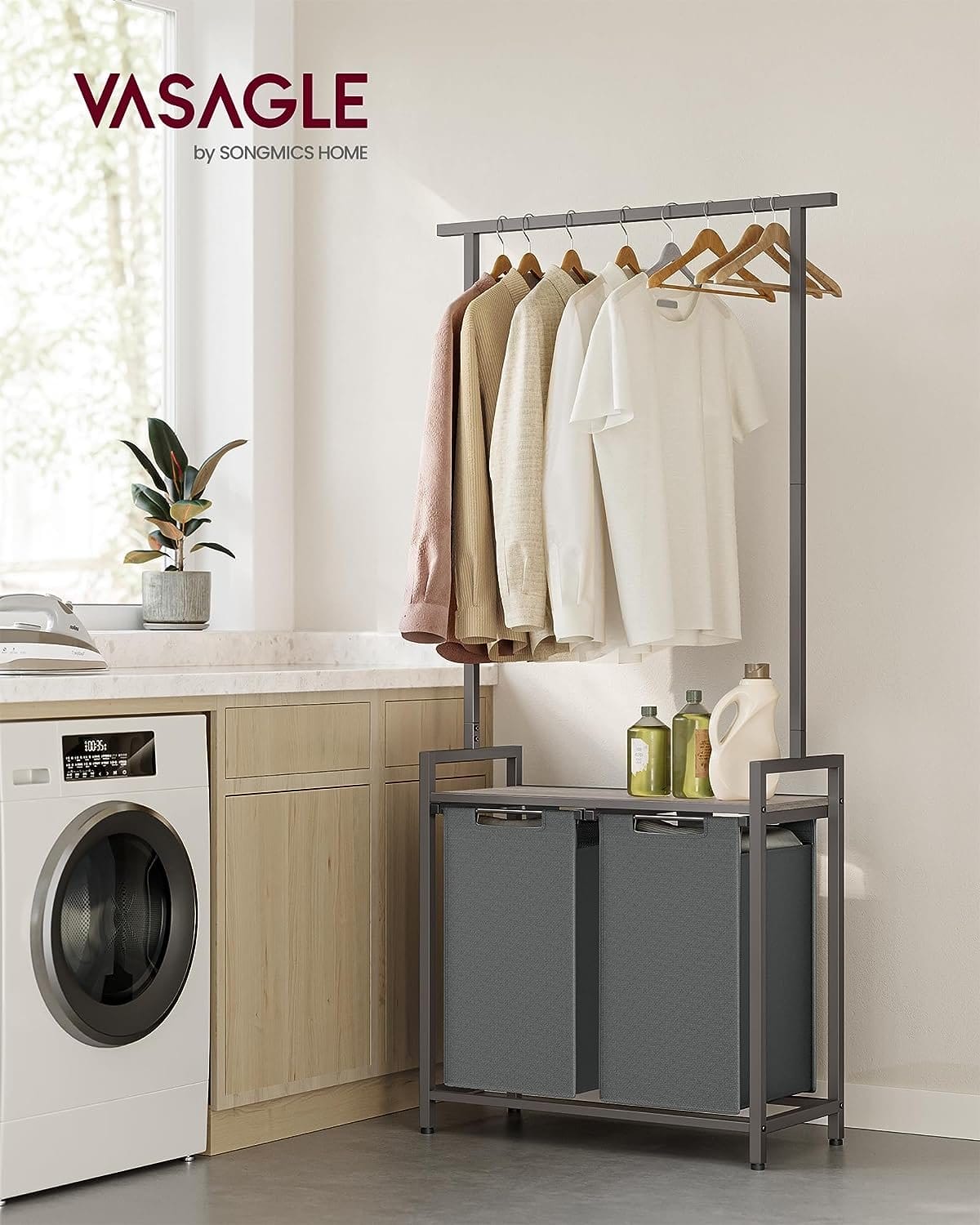 Vasagle Lavandería kurv med 2 sektioner med jernbane til tøj, aftagelige og aftagelige foringer, hylde, 2 x 12,1 gallon, 28,7 x 13 x 69,7 tommer, Jaspeado Gray og Gray Blackboard Blh241g01g01 2 Vasagle Lavandería kurv med 2 sektioner med jernbane til tøj, aftagelige og aftagelige foringer, hylde, 2 x 12,1 gallon, 28,7 x 13 x 69,7 tommer, Jaspeado Gray og Gray Blackboard Blh241g01g01 - Billede 2