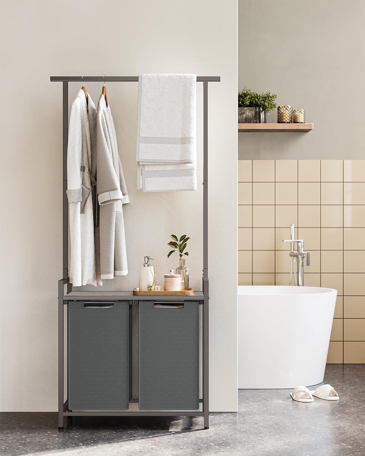 Vasagle Lavandería kurv med 2 sektioner med jernbane til tøj, aftagelige og aftagelige foringer, hylde, 2 x 12,1 gallon, 28,7 x 13 x 69,7 tommer, Jaspeado Gray og Gray Blackboard Blh241g01g01 3 Vasagle Lavandería kurv med 2 sektioner med jernbane til tøj, aftagelige og aftagelige foringer, hylde, 2 x 12,1 gallon, 28,7 x 13 x 69,7 tommer, Jaspeado Gray og Gray Blackboard Blh241g01g01 - Billede 3