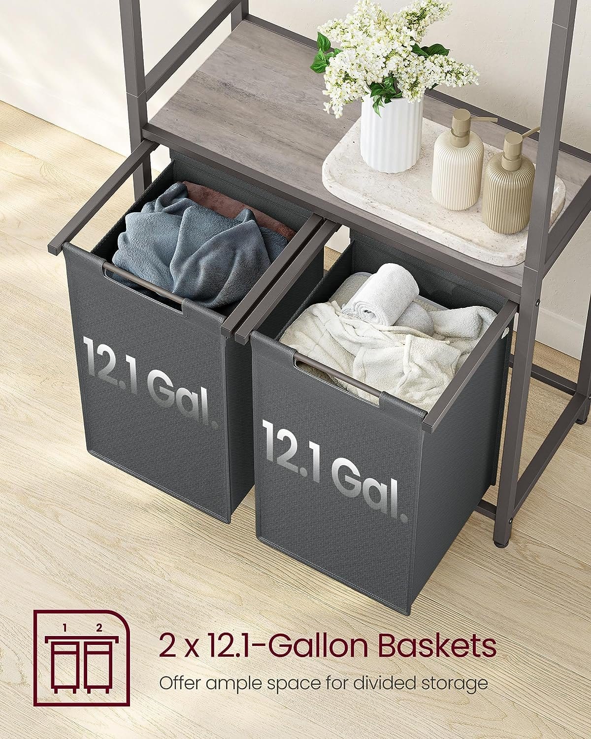 Vasagle Lavandería kurv med 2 sektioner med jernbane til tøj, aftagelige og aftagelige foringer, hylde, 2 x 12,1 gallon, 28,7 x 13 x 69,7 tommer, Jaspeado Gray og Gray Blackboard Blh241g01g01 4 Vasagle Lavandería kurv med 2 sektioner med jernbane til tøj, aftagelige og aftagelige foringer, hylde, 2 x 12,1 gallon, 28,7 x 13 x 69,7 tommer, Jaspeado Gray og Gray Blackboard Blh241g01g01 - Billede 4