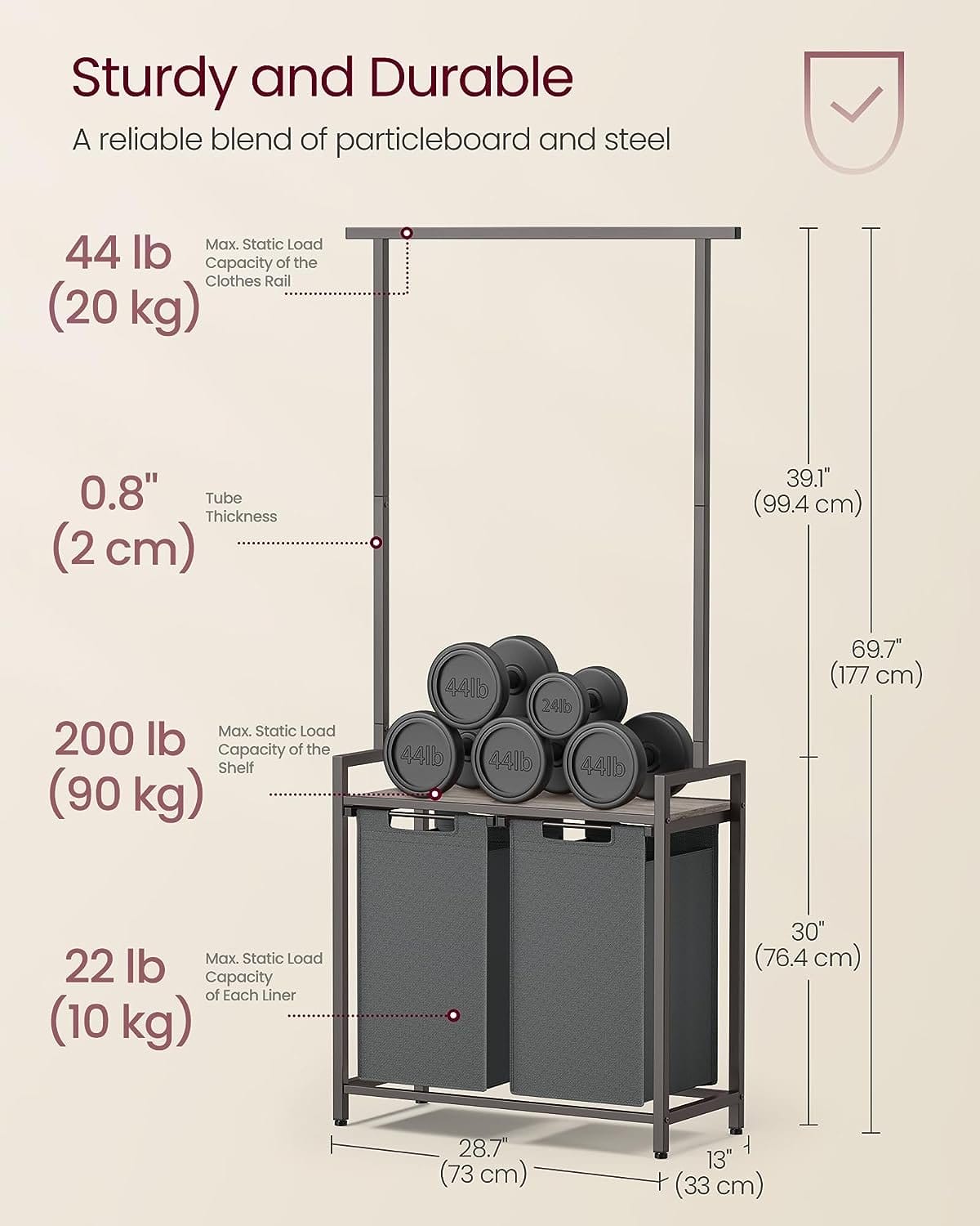 Vasagle Lavandería kurv med 2 sektioner med jernbane til tøj, aftagelige og aftagelige foringer, hylde, 2 x 12,1 gallon, 28,7 x 13 x 69,7 tommer, Jaspeado Gray og Gray Blackboard Blh241g01g01 7 Vasagle Lavandería kurv med 2 sektioner med jernbane til tøj, aftagelige og aftagelige foringer, hylde, 2 x 12,1 gallon, 28,7 x 13 x 69,7 tommer, Jaspeado Gray og Gray Blackboard Blh241g01g01 - Billede 7