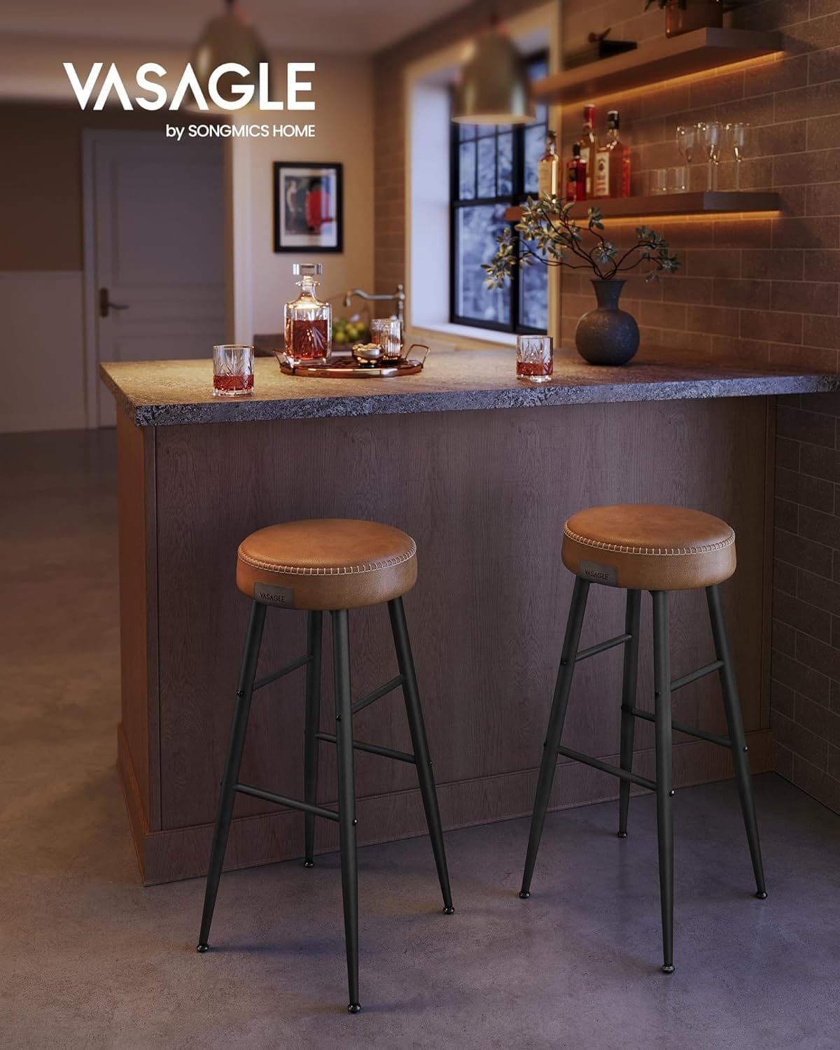 Vasagle Echo Collection ULBC090K01 Barstole, Sæt med 2, Kitchen Stools, Breakfast Stools, Stitched Faux Leather, 30 "High, For Home, Bar, Spisestue, Easy Assembly, Caramel Brown 2 Vasagle Echo Collection ULBC090K01 Barstole, Sæt med 2, Kitchen Stools, Breakfast Stools, Stitched Faux Leather, 30 "High, For Home, Bar, Spisestue, Easy Assembly, Caramel Brown - Billede 2