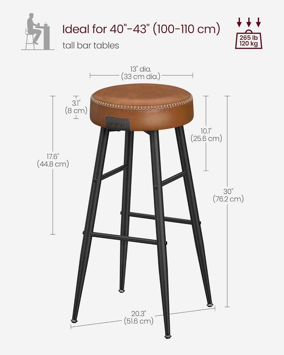 Vasagle Echo Collection ULBC090K01 Barstole, Sæt med 2, Kitchen Stools, Breakfast Stools, Stitched Faux Leather, 30 "High, For Home, Bar, Spisestue, Easy Assembly, Caramel Brown 3 Vasagle Echo Collection ULBC090K01 Barstole, Sæt med 2, Kitchen Stools, Breakfast Stools, Stitched Faux Leather, 30 "High, For Home, Bar, Spisestue, Easy Assembly, Caramel Brown - Billede 3