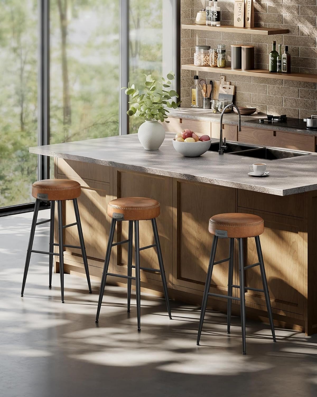 Vasagle Echo Collection ULBC090K01 Barstole, Sæt med 2, Kitchen Stools, Breakfast Stools, Stitched Faux Leather, 30 "High, For Home, Bar, Spisestue, Easy Assembly, Caramel Brown 4 Vasagle Echo Collection ULBC090K01 Barstole, Sæt med 2, Kitchen Stools, Breakfast Stools, Stitched Faux Leather, 30 "High, For Home, Bar, Spisestue, Easy Assembly, Caramel Brown - Billede 4